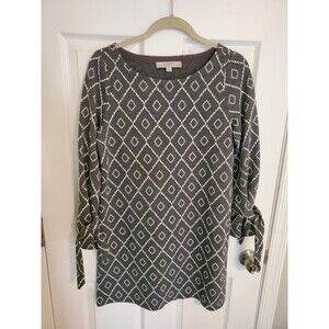 LOFT Women’s Dress Medium Petite Gray Diamond Print Tie Sleeve Shift Tunic